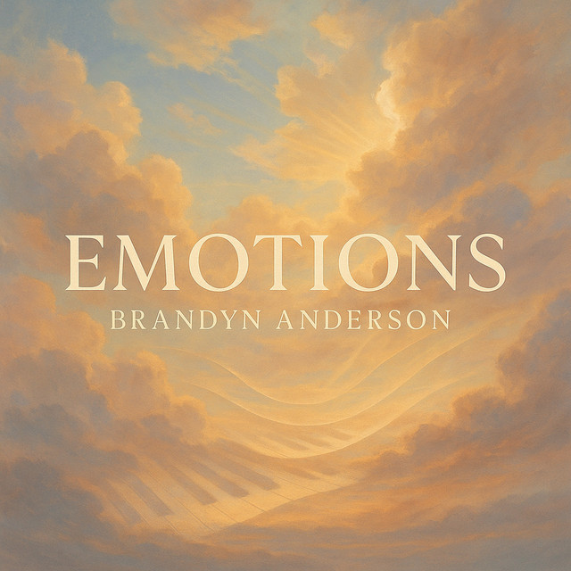Emotions album cover: golden clouds and a piano keyboard opening into light