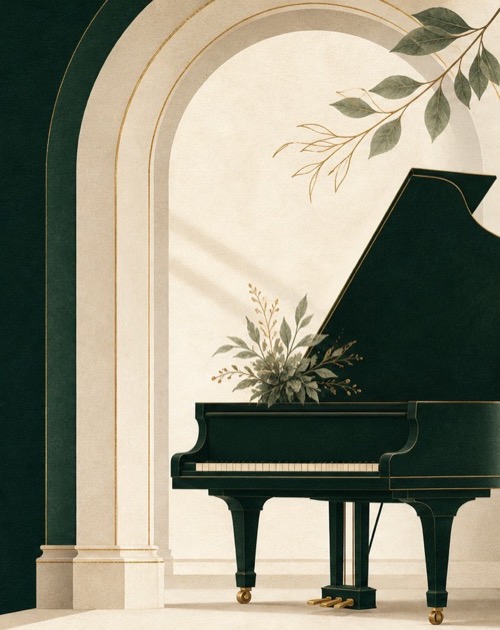 Grand piano beneath an ivory arch with greenery